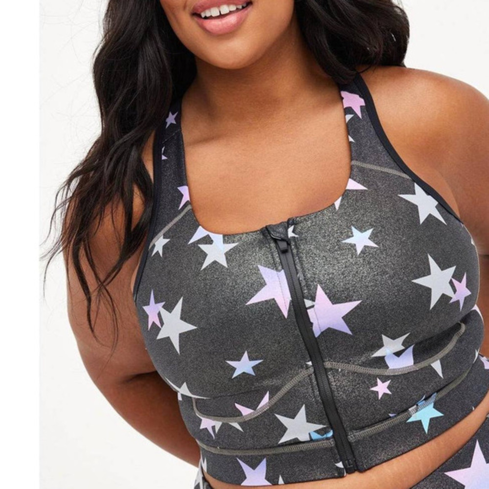 New Torrid 5 (5x 28)‎ Zip Front Longline Low Impact Star Gray Shine Sports Bra